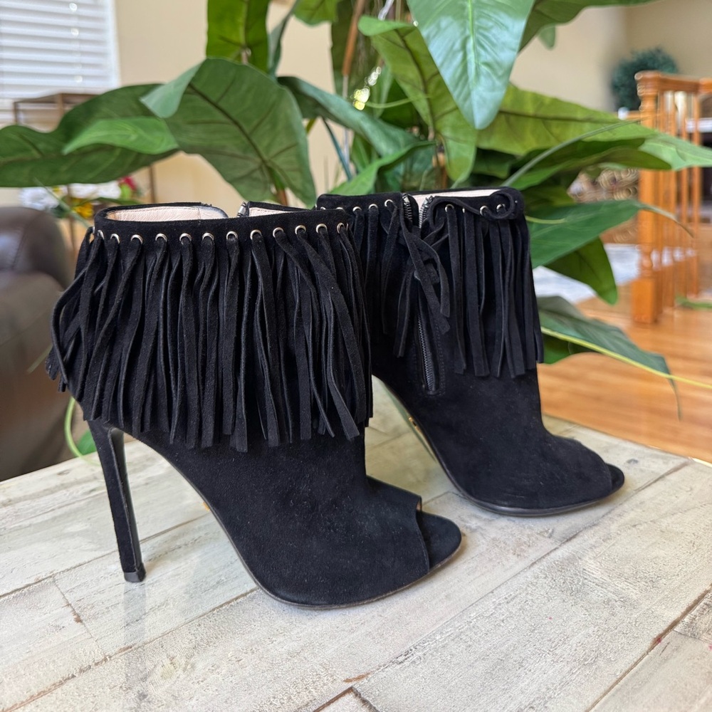 Prada Black Suede Fringe Detail Peep Toe Ankle Boots